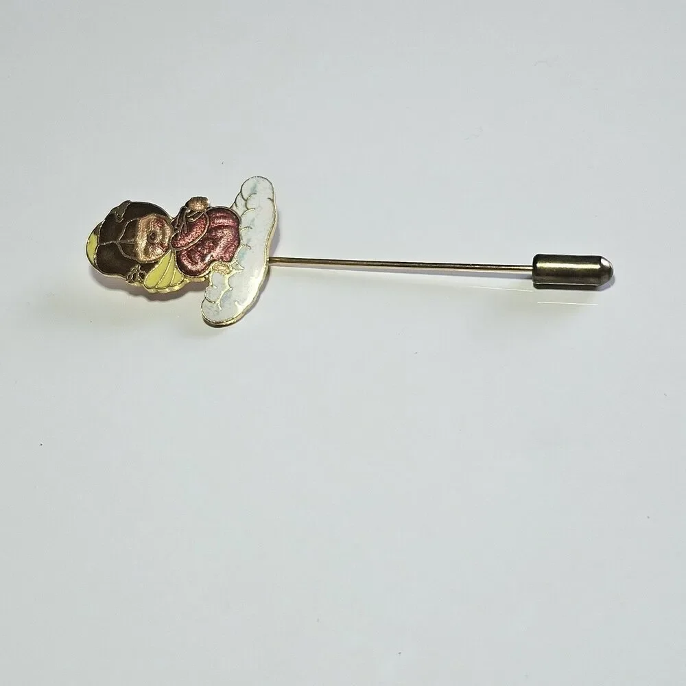 Vintage 1978 Enameled Centennia Stick Pin Gold Tone Angel Praying Red Pink Lapel